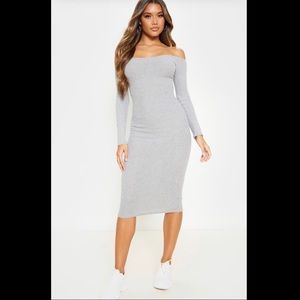 Grey Off The Shoulder Soft Rib Midi
